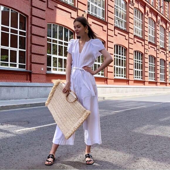 Zara White Rustic Jumpsuit Bloggers fav Size M Wide leg Belted - Picture 4 of 16